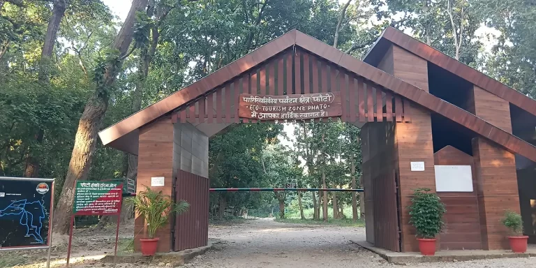 Entry gate of Phato Eco Tourism Zone for a jeep tour during a Jim Corbett jungle safari.