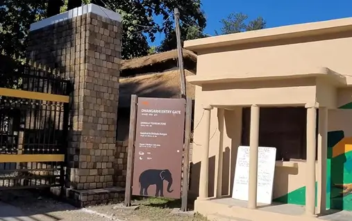 Best places to visit in Jim Corbett showcasing the historic Dhangari Museum exhibits near the Dhikala zone entry gate.