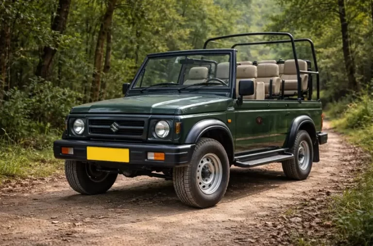 Open Safari Gypsy on forest trail, used for wildlife jungle safari in Jim Corbett